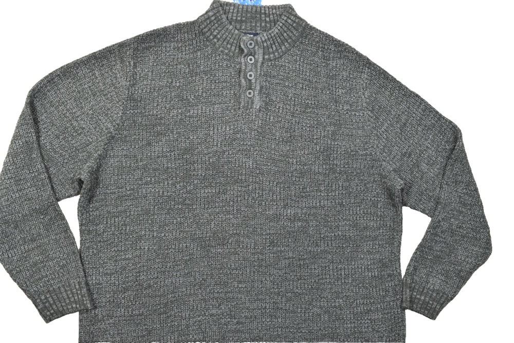 Kingsize Men's 4XL Tall Gray Marl Knit Henley Sweater Mock Neck 100% Acrylic